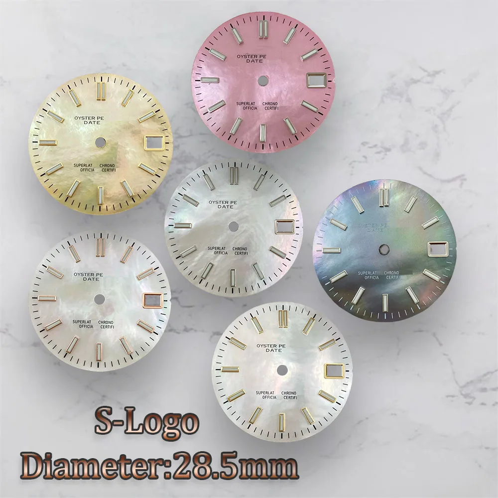 High Quality Dial S Logo 28.5mm NH35 Log Mother pearl Dial Green Luminous For NH36Movement Watch Modification Accessories