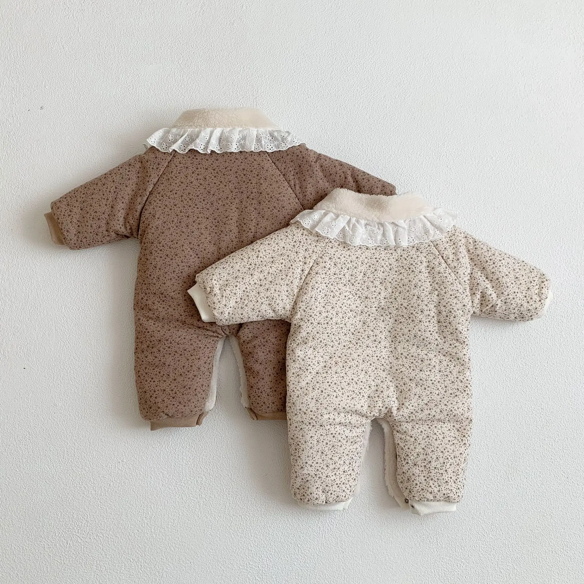 Autumn Winter Boy Infant Cardigan Plus Fleece Thicken Floral Print Lapel Romper Girl Baby Fashion Long Sleeve Cotton Jumpsuit