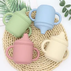 New silicone pacifier cup with dual handles, food grade silicone baby learning cup