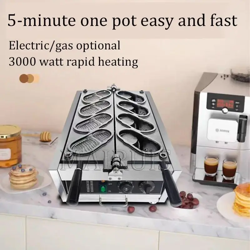 4구 새 디자인 상업용 전기 논스틱 스테인리스 스틸 구멍 신발 와플 메이커 기계 슬리퍼 모양 스낵 장비