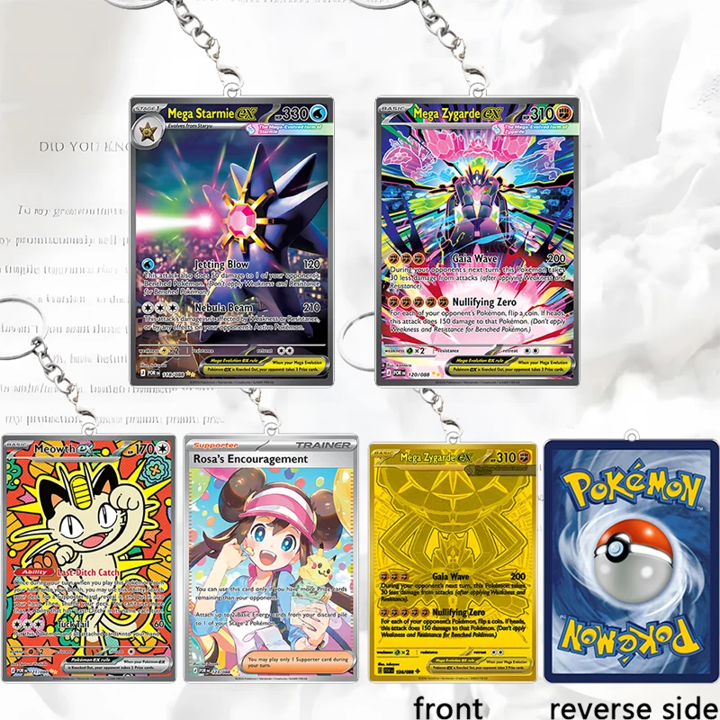 

HOT Perfect Order Ptcg Card Acrylic Keychain English Mega Starmie Ex Zygarde Meowth Rosa Bag Pendant Student Keyring Cartoon