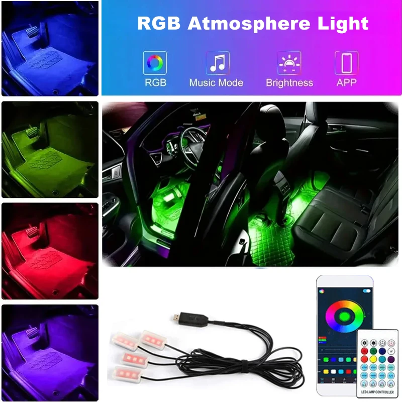 

Автомобильные светодиодные декоративные фонари под приборной панелью, RGB светильник для нижней части стопы, USB-разъем, дистанционное управление через приложение, синхронизация музыки, окружающая лампа, внедорожник, грузовик