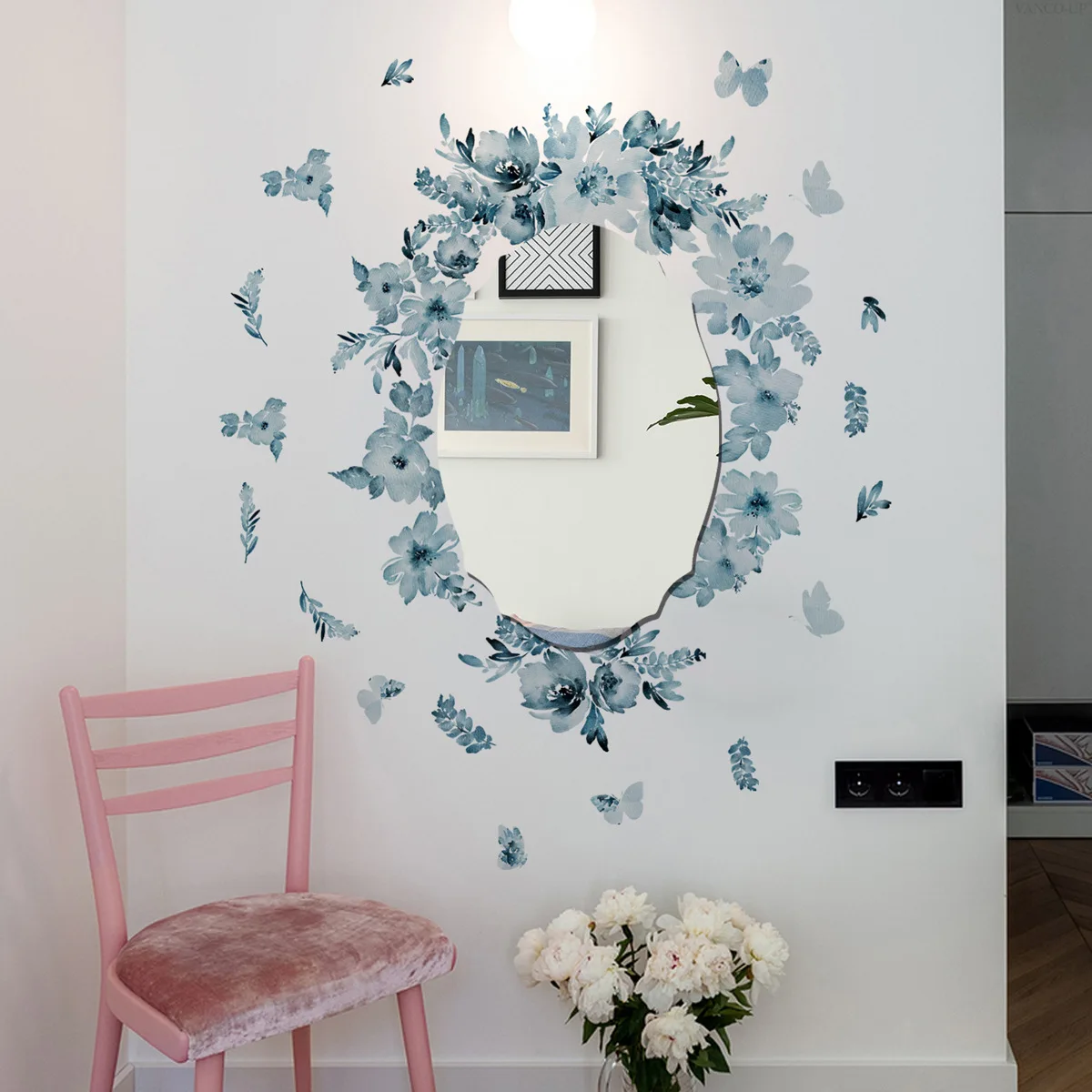 JM7520 + M14637 dark green flower butterfly rhombus mirror sticker bedroom bathroom home background