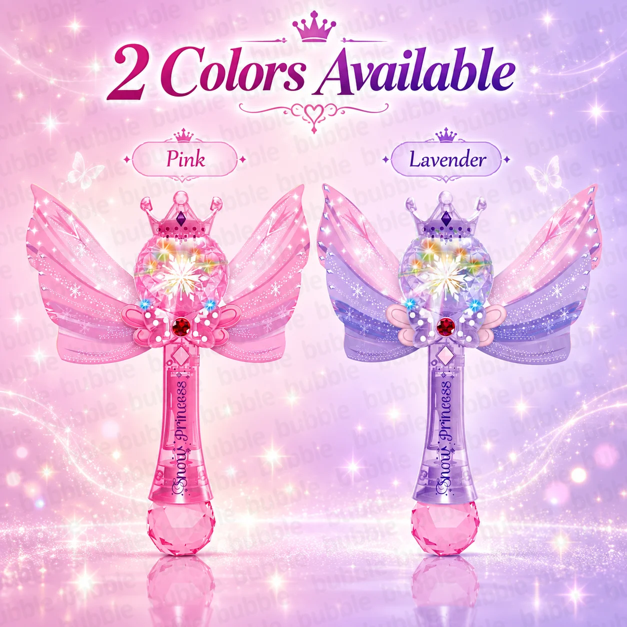 Pink or Lavender Princess Bubble Blower, Glitter Wings and Jewel Bow, Batteries and Bubble Solution Not Included