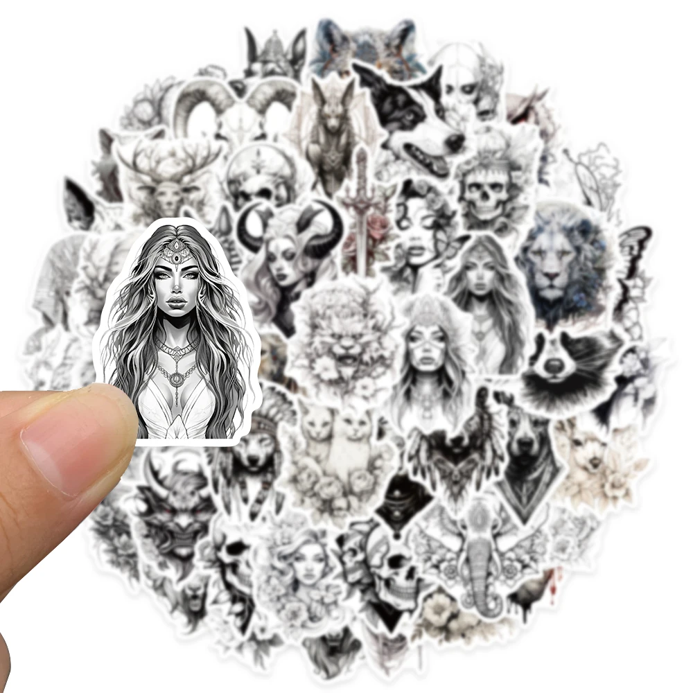 50PCS Retro Gothic Tattoo Cat Animals Demon Flower Black White Stickers Aesthetic Bike Book Bottle Laptop Waterproof Sticker