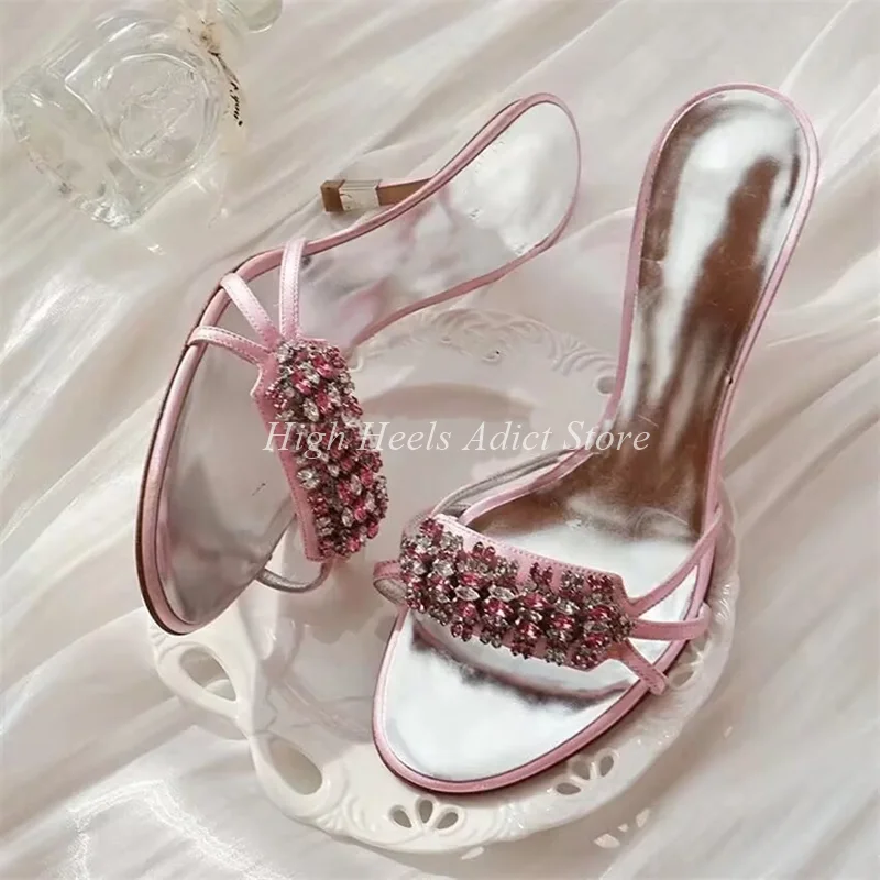 Pantoufles en cuir à boucle en cristal rose de 7cm pour femmes, bout ouvert en diamant, talons hauts, Mules Vintage d'été, chaussures de fête de luxe de styliste