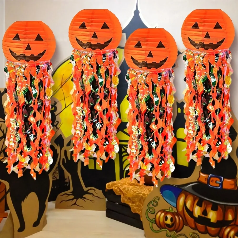 1pc 10 Inches Halloween Orange Ghost Hanging Paper Lantern Pumpkin Face Lantern for Halloween Party