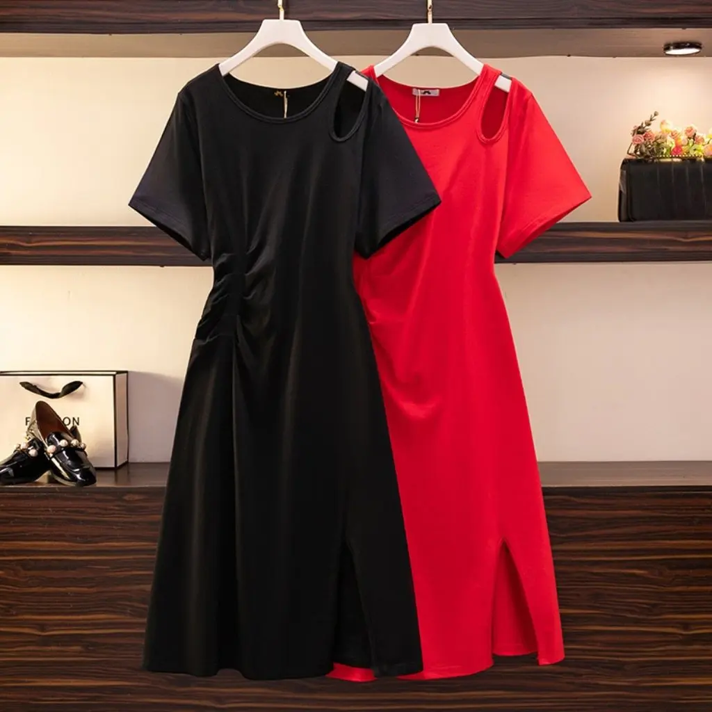 Grote maat mode dames slanke jurk 300 kg dik mm onregelmatige splitrok zomer lang 63274