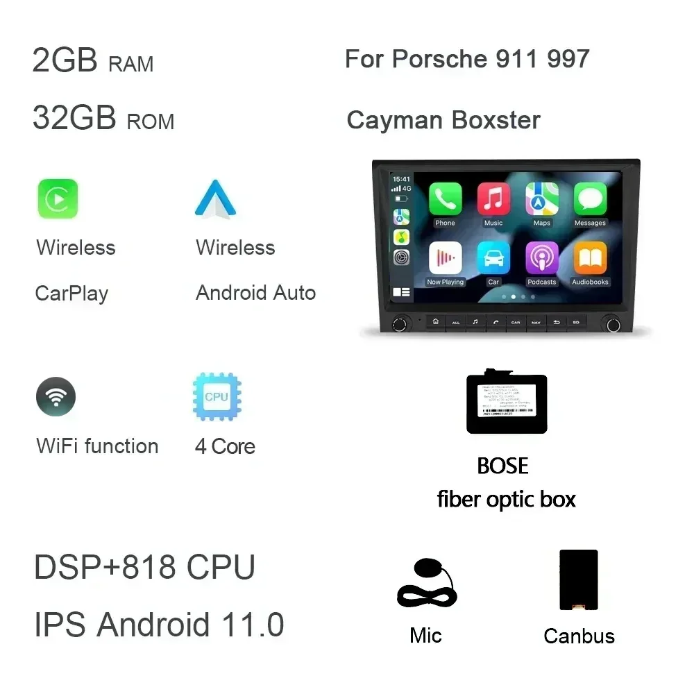 720P 8' 2 DIN Android 14.0 autoradio met 8-core processor, 256GB ROM, DSP, multimedia, GPS voor Porsche 987, 911, 997, Cayman, Boxster