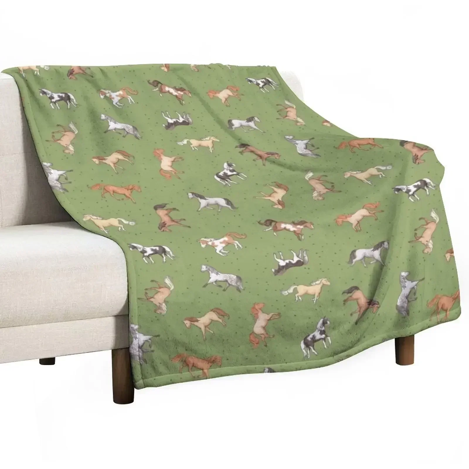 Manta decorativa con diseño de caballos dispersos y manchas sobre un patrón verde oliva, manta acogedora para el hogar, regalo para las fiestas navideñas