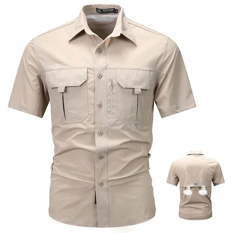 Summer Cargo Short Sleeve Shirt Men\'s Casual Waterproof Breathable Polo Shirt Outdoor Camp Hiking Safari Work Shirt Top Pocket