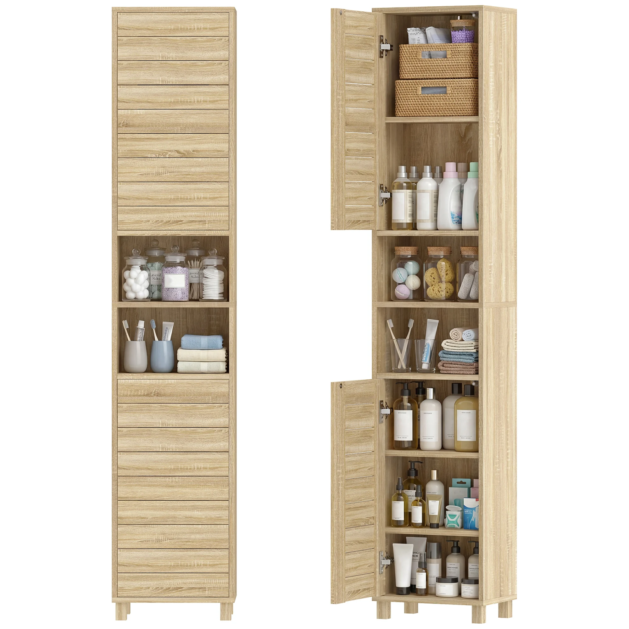 HOMCOM Armario de Baño Alto, Mueble Auxiliar de Baño Estrecho con Estantes Ajustables, Puertas de Lamas Apertura por Presión, Estantes Abiertos, para Espacios Pequeños, 34x23x170 cm, Natural
