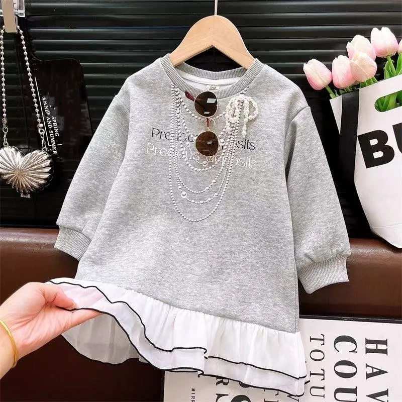 

2025 New Arrivals Girls Casual Dresses Long Sleeve Fashionable High-end Princess Dress Wth Solid Color and Lace Hem Dress 2-8Y