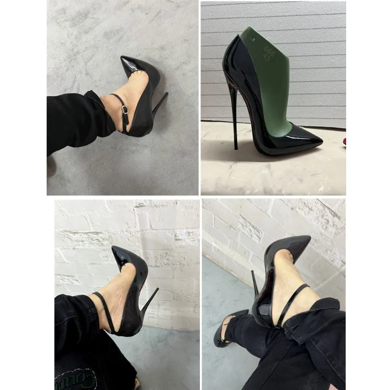 

2025 new sexy super high heels 12cm lace up patent leather black pointed single shoes Hentian tall size women's shoes