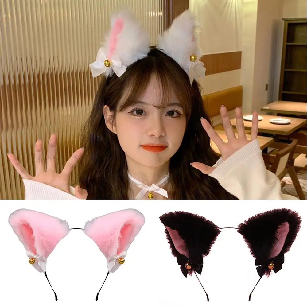Fox Ear Hair Hoop Plush Cat Ears Bell Headband DIY Hair Accessories Sweet Head Hoop Soft Furry Hairbands Faux Fur Bandeau