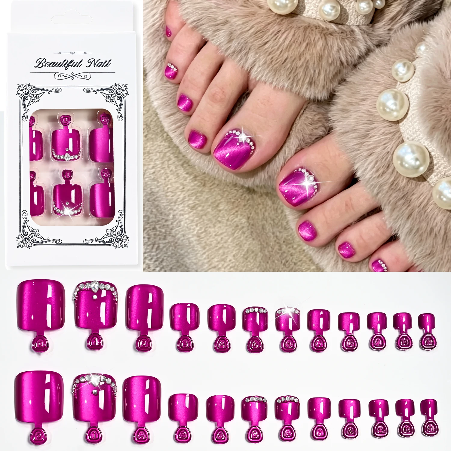 24pcs Rose Red Cat's Eye Rhinestone Fake Toenails Highlights Purplish-red Splicing Diamond Press On Toenails Water Light Toenail