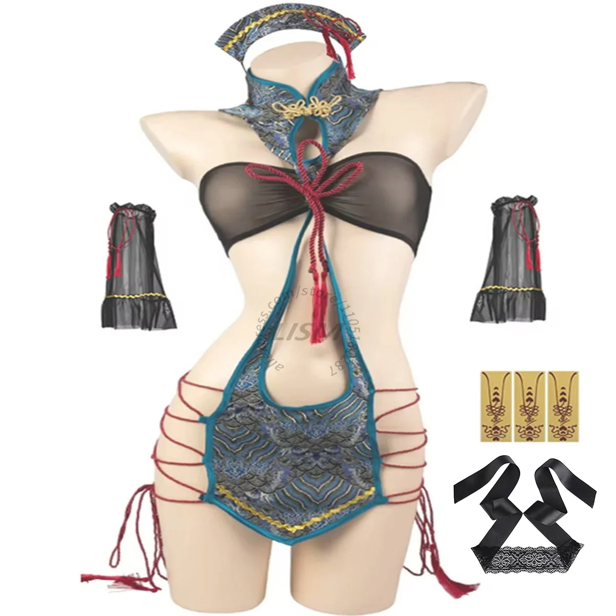 LISM Chinese Style Zombie Cosplay Lingerie Set For Women, Sexy Traditional Print Role Play Costume With Multiple Accessories