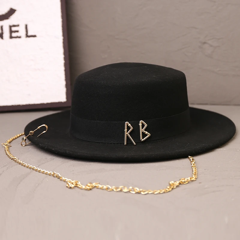 

Модная шляпа Fedora из 100% шерсти с буквенным принтом RB, женская осенне-зимняя шляпа в британском стиле ретро, фетровая шляпа с плоским верхом, унисекс