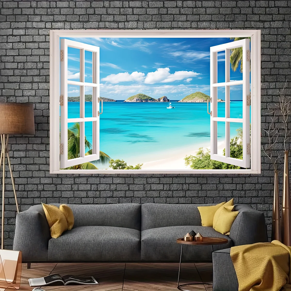 1 piece, natural tapestry Blue Sea beach wall Hanging Hot island Palm Sea window, bedroom, living room, Home decor,