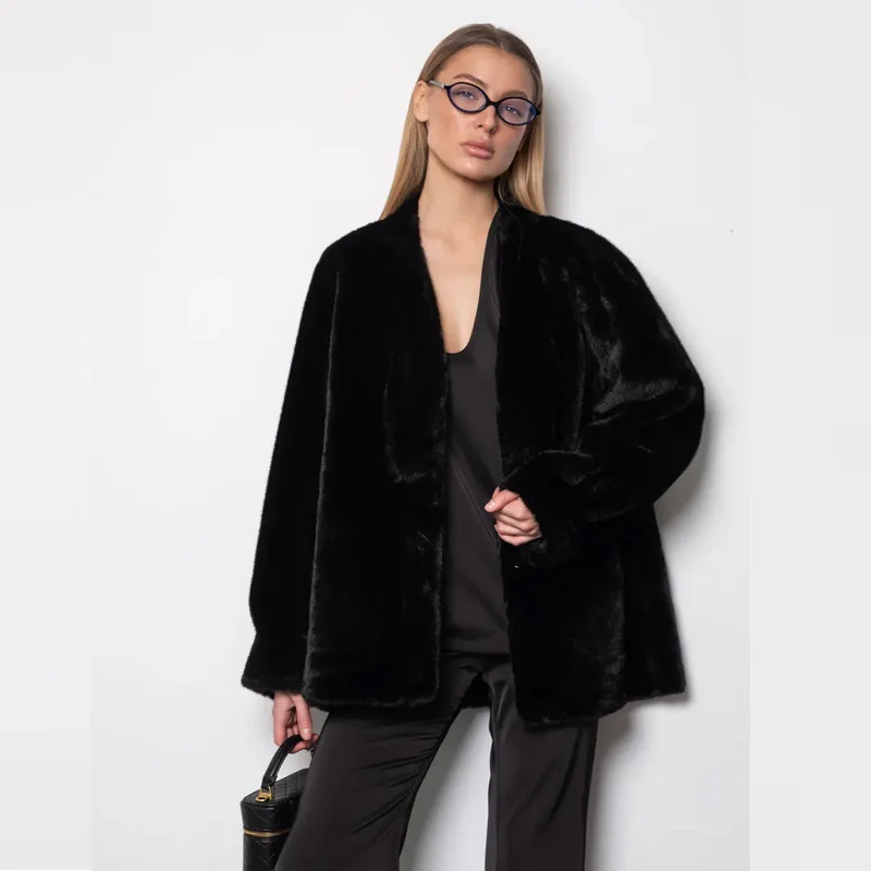 Women V Neck Faux Fur Jacket Long Sleeve Cropped Soft Plush Fluffy Warm Winter Elegant Loose Fit Daily Fashion Coat