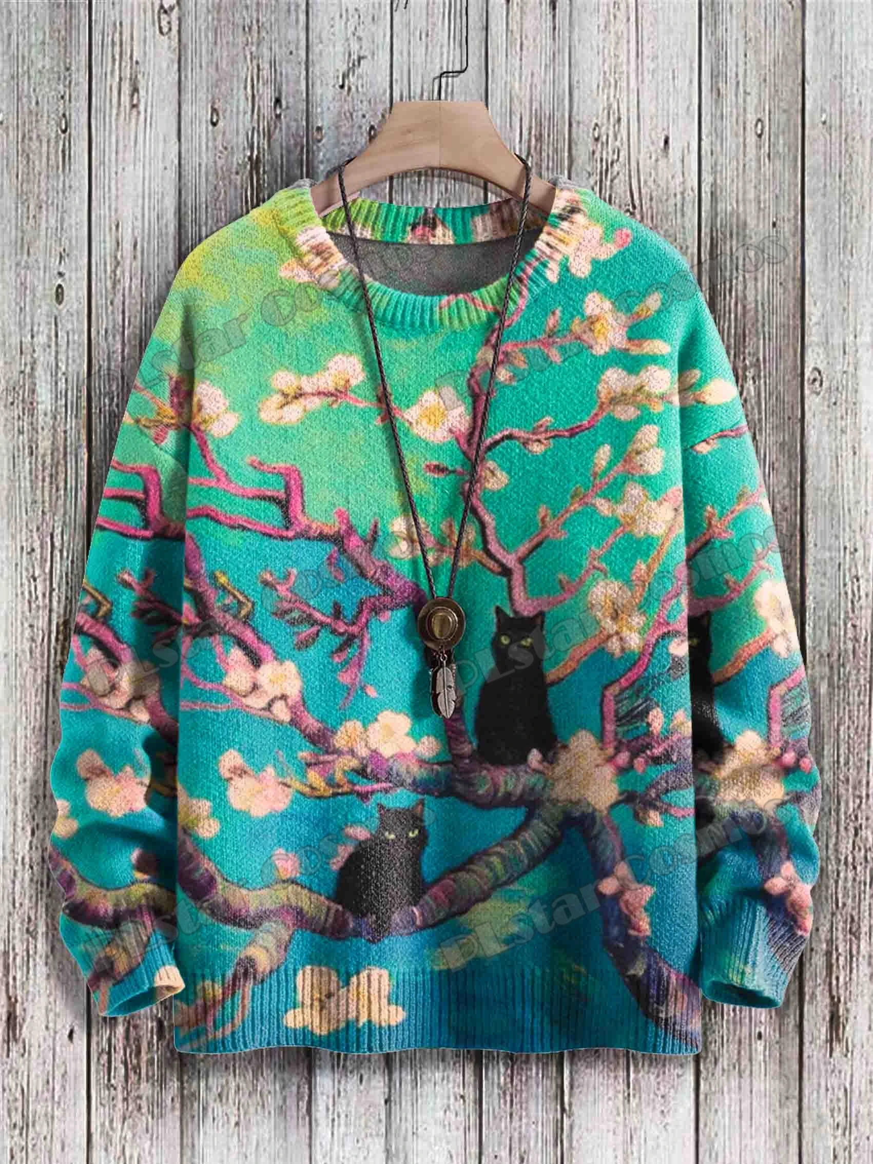 Czarny kot i zabawny artystyczny wzór słonecznikowy z nadrukiem 3D męski dziergany sweter zimowy Unisex sweter dzianinowy sweter na co dzień ZZM41