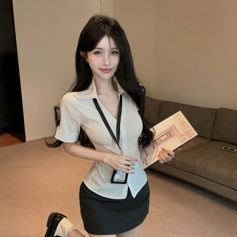 

Summer New Pure Desire Spicy Girl Waist Cinching V-neck Design Shirt High Waist JK Bodycon Skirt School Uniform Set Women
