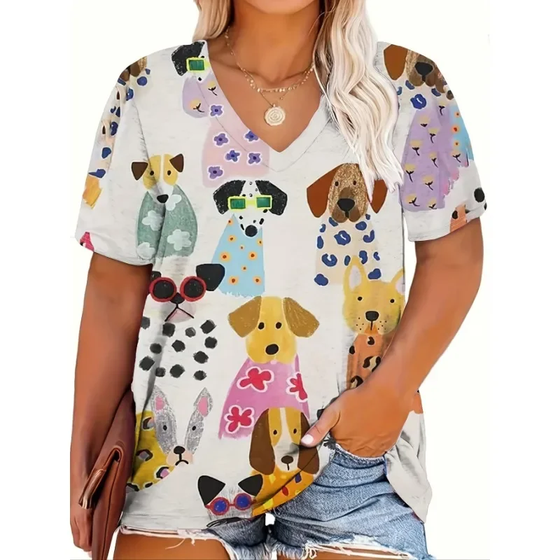 

Плюс размер 1XL-5XL Fun — заполненно и подросткость: разнообразная коллекция цветов — портреты с собакой на шикарной футболке с V-образным вырезом