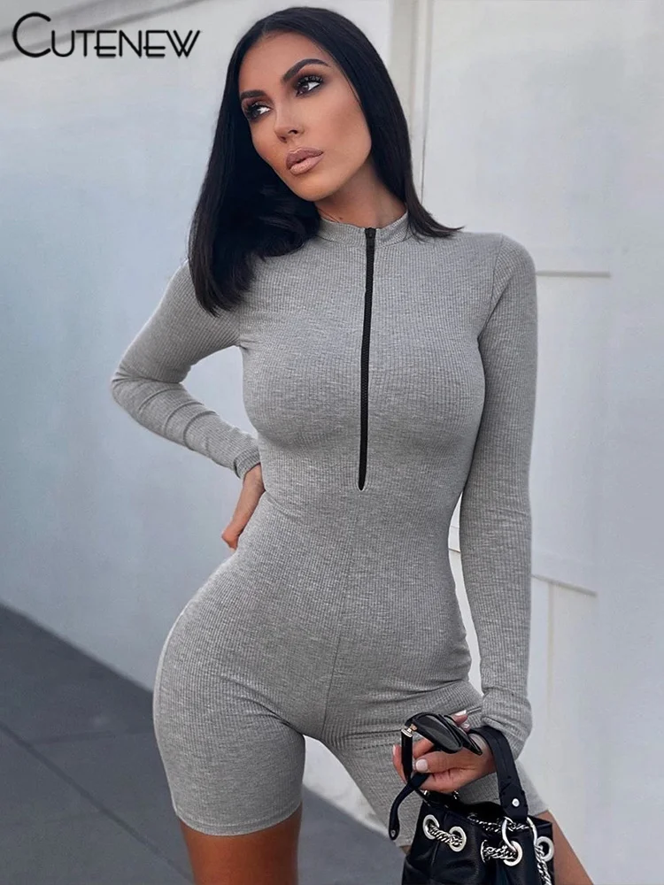 

Cutenew Women's Zipper Playsuits Long Sleeve One-piece Shorts Rompers Jumpsuit Casual Sexy Sports Streetwear Tracksuit Outfit