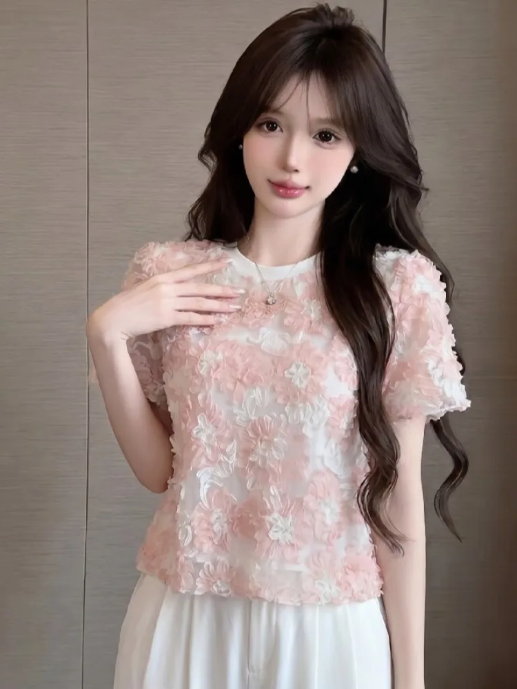 

French Style Lace Short Sleeve T-Shirt Women's Summer New Design Color Block round Neck Short Top Elegant Lady's Floral Print