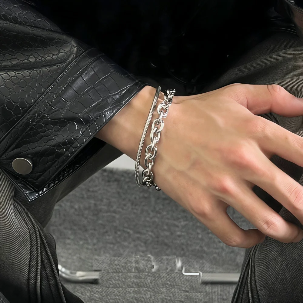Hip-Hop Edelstahl Doppelschichtige Dicke Kette Herren Armband Retro Silberfarben Trendiger Schmuck Punk Damen Armband Accessoires – Detail 2