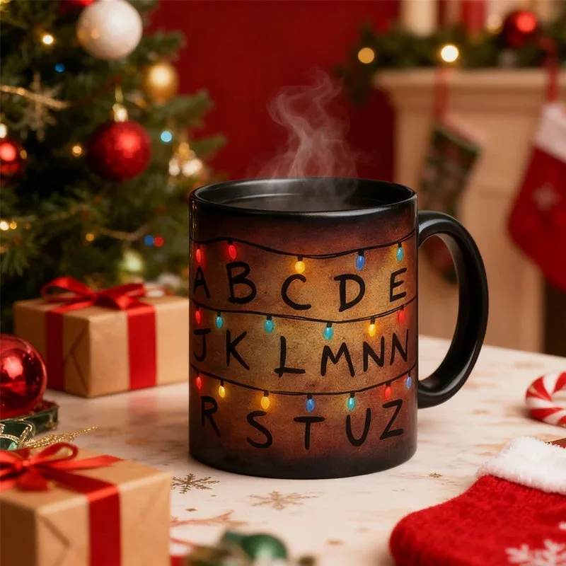 Heat Sensitive Color Changing Letter Mug, Hot Water Activated Discoloration Cup, Daily Drinkware for Holiday Festive Decoration