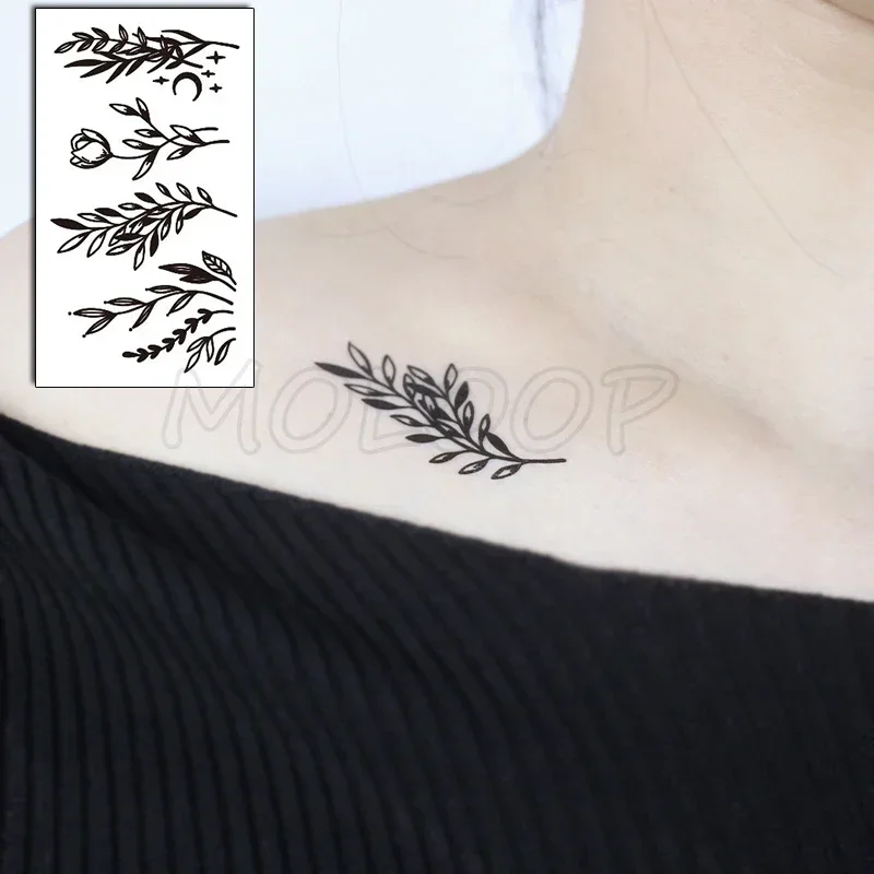 Temporary Tattoo Sticker Waterproof Moon Plant Flower Small Element AdultsBody Art Design Fake Tattoos for Woman Kids 10.5X6cm