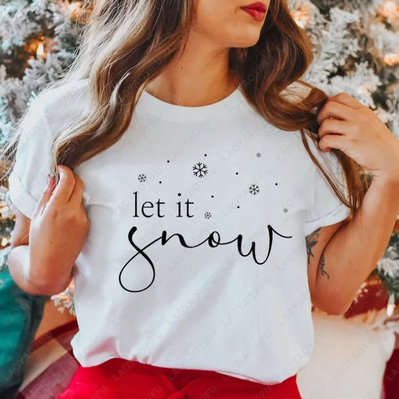 

Рубашка Let It Snow, стильная зимняя футболка, забавная рождественская удобная хлопковая футболка, рождественские праздничные футболки, топы со снежинками в минималистском стиле