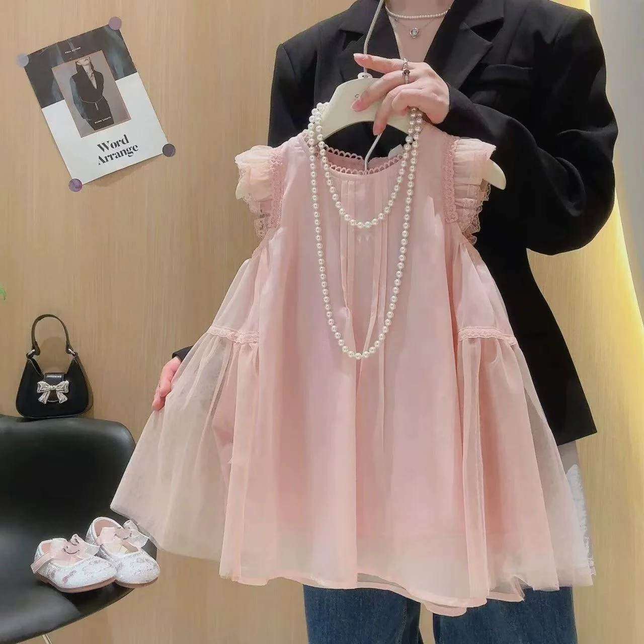 Girls' Mesh Dress 2026 Summer New Style Children's Fashion Patchwork Lace Princess Dress 2-7Y