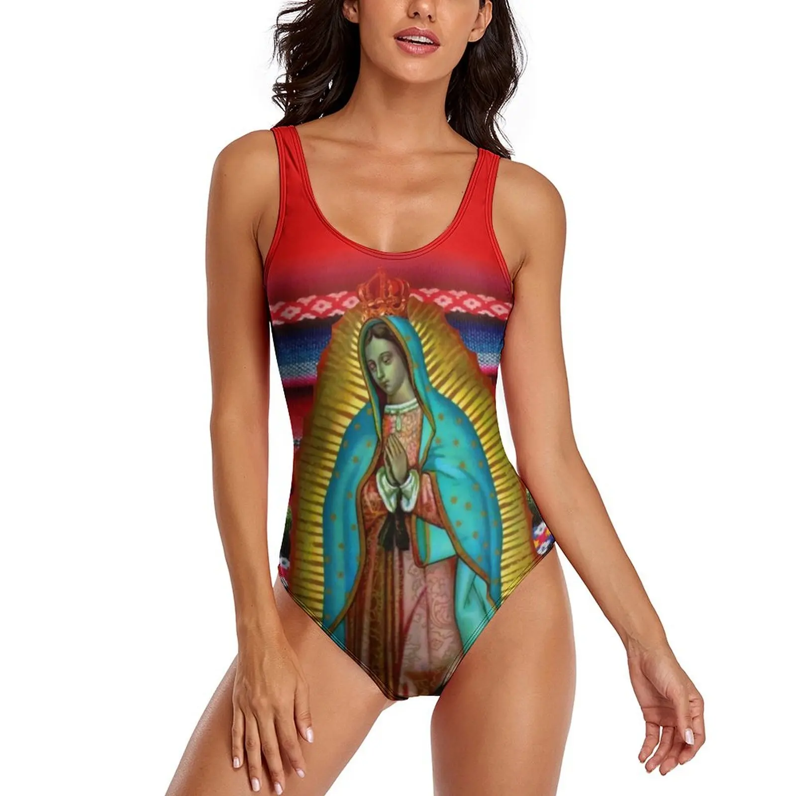 

Virgin Mary Swimsuit Sexy Our Lady of Guadalupe One Piece Swimwear Push Up Swimsuits Novelty Surfing Beach Outfits