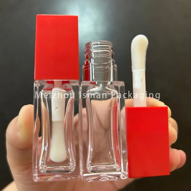 

50Pcs new 8ml red lid large brush wand square plastic lip gloss container packaging wholesale empty lipgloss tubes