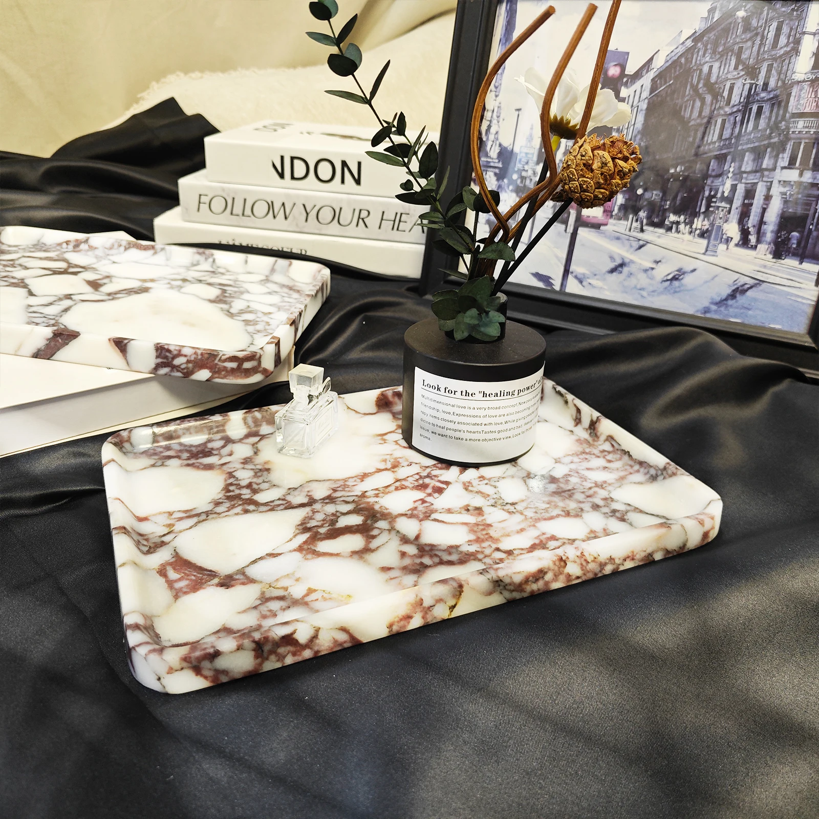 صينية رخامية، صواني حجرية طبيعية 100% للزينة، الحمام، المطبخ، العطور، مستحضرات التجميل، القهوة، طبق المجوهرات المستطيل