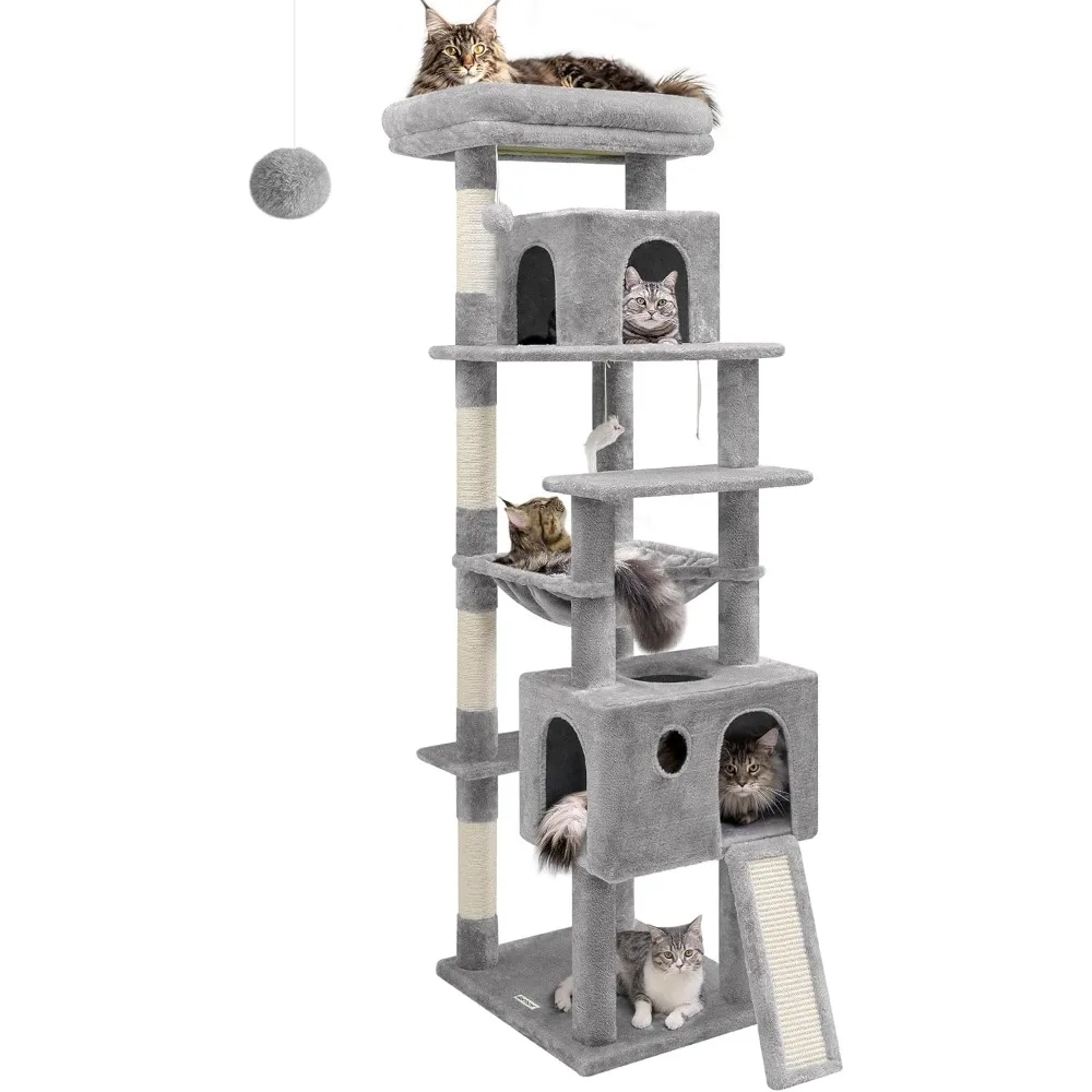 

F69 Large Cat Tower, 69-inch Big Cat Tree for Large Cats with Scratching Board, Hammock, Dangling Ball, Padded Platform, Light G