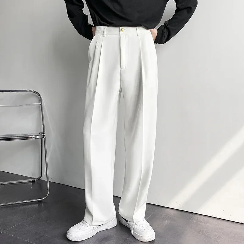 Pantalones rectos de traje caídos para hombres, ropa de calle Simple, suelta, coreana, informal, blanca, pantalones de ajuste limpio, oficina