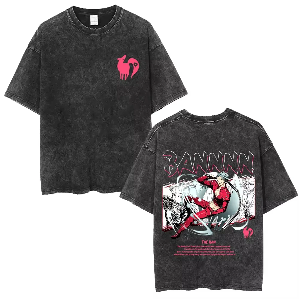 Washed Vintage Anime The Seven Deadly Sins Boar's Sin of Gluttony Merlin T-shirt Men Manga Oversized Graphic Short Sleeve Summer - view 3