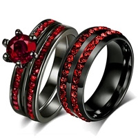 Fashion Couple Rings Romantic Red Rhinestones CZ Women Rings Set Trendy Men Stainless Steel Zirconia Ring Wedding Band Jewelry