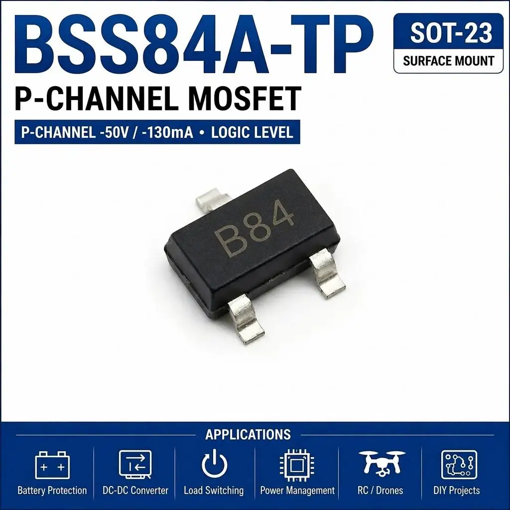 (100 pcs) BSS84A-TP SOT-23 (Marking B84) - P-Channel MOSFET -60V -170mA 8Ω 225mW