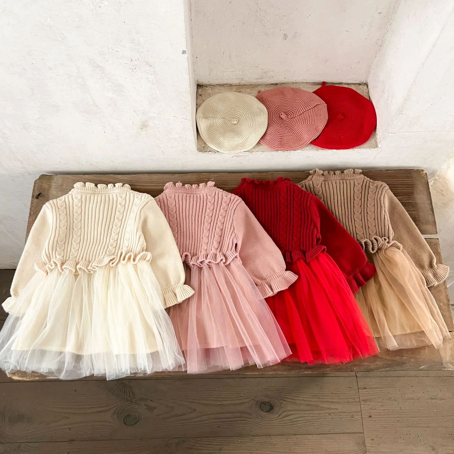 Ins Korean Version of Girls' Baby Pure Cotton Woolen Mesh Dress, Autumn and Winter Sweaters for Children, Princess Dress