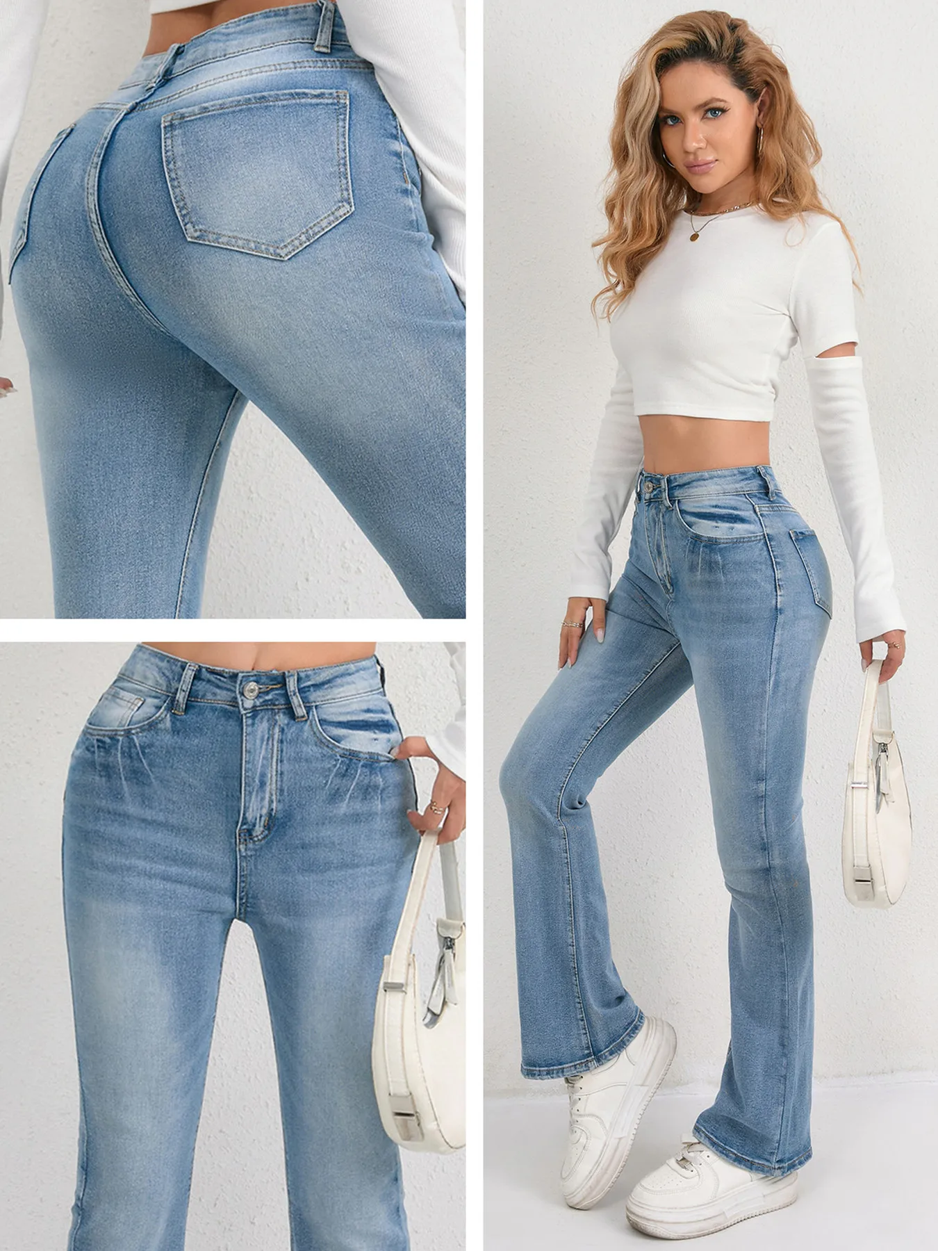 

Женская одежда Свободные женские джинсы Голубые потертые эластичные расклешенные европейские трендовые джинсовые брюки с высокой талией Удобные повседневные брюки