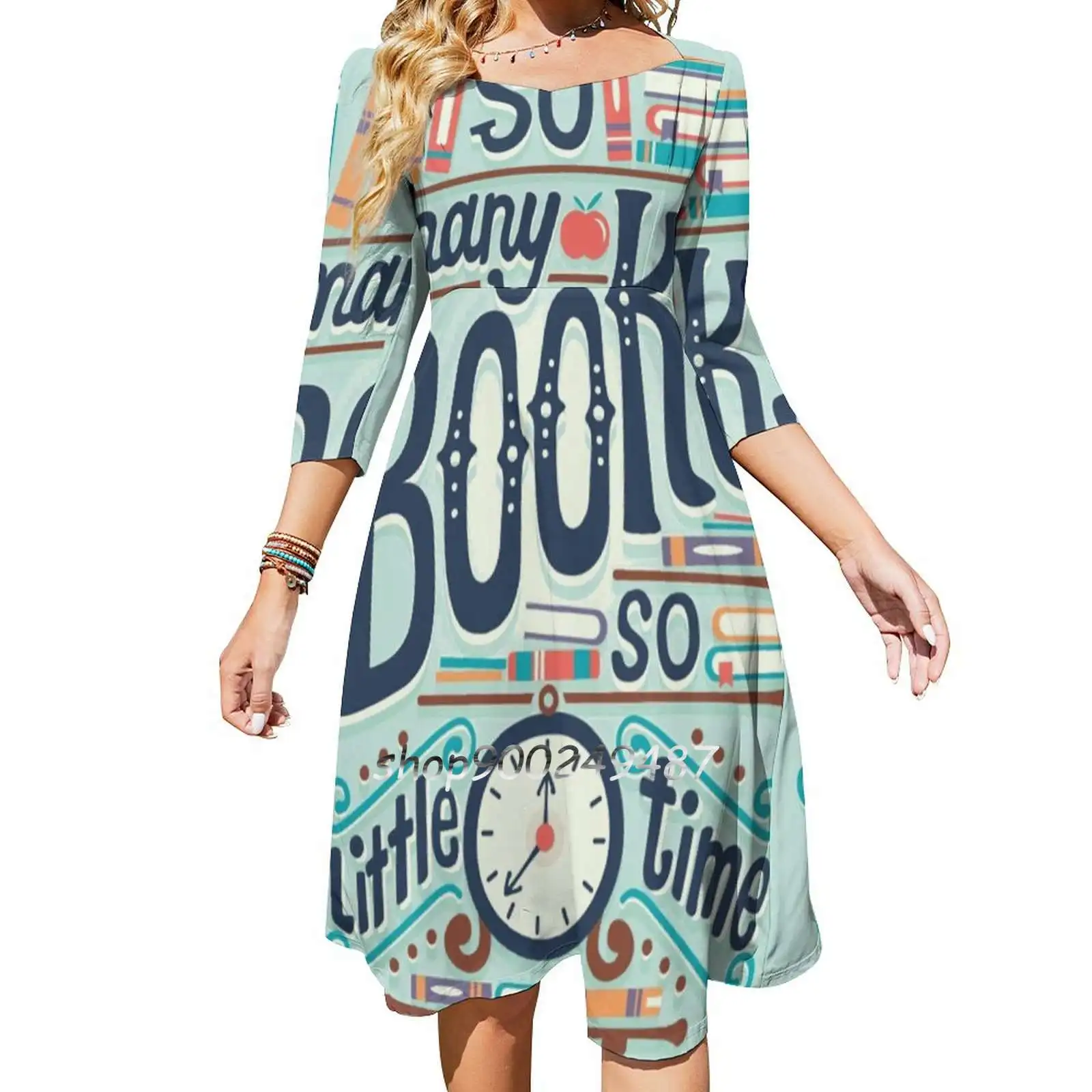 

So Many Books So Little Time Sweet Elegant Dress Women Korean Kawaii Square Collar Dress Books Book Reading Read Bookworm Book