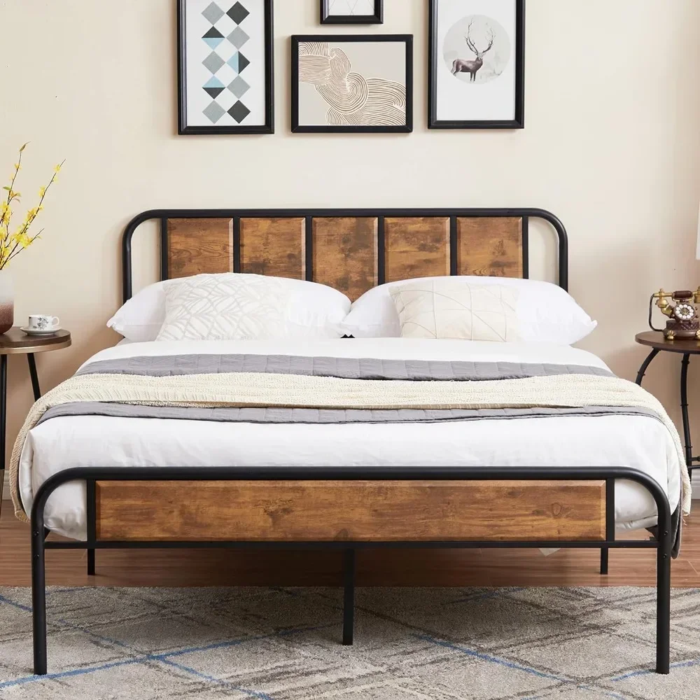 

Queen Bed Frame Metal Platform with Wooden Headboard & Footboard Mattress Foundation Strong Metal Slats Support No Box Spring