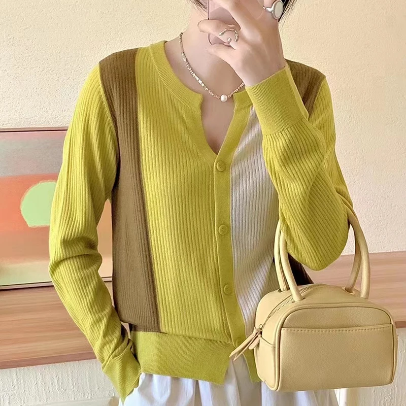 V Neck Cardigan Sweater Women 2023 Spring Autumn Contrast Color Long Sleeve Knitted Tops Female Korean Style Clothes Pull Femme