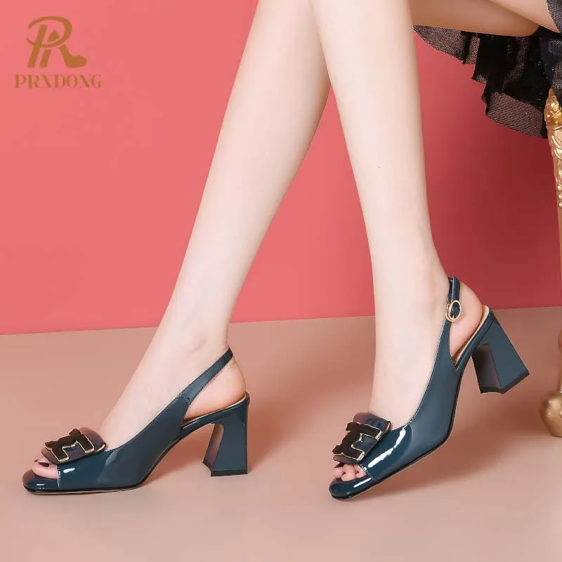 PRXDONG 2025 nuove scarpe estive eleganti tacchi alti grossi Peep Toe vera pelle albicocca blu Dress Party Office Lady Pumps 40