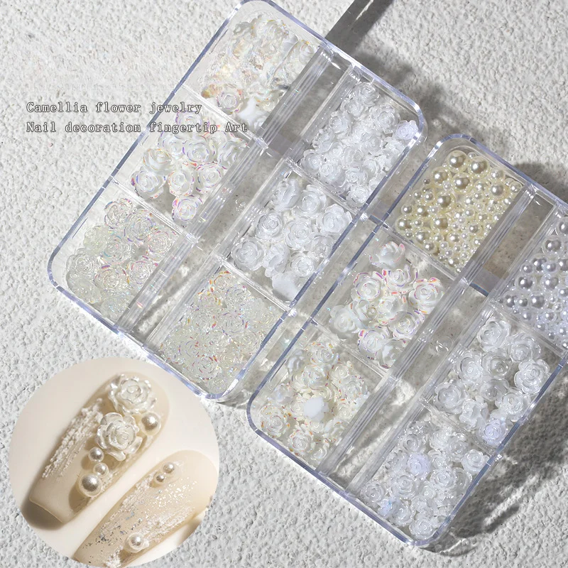 1box White Clear Aurora Camellia Flower Nail Art Decoration 6/8mm Pearl Noctilucent Nail Charms Ice-Transpaernt Manicure Parts