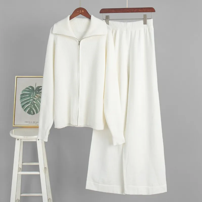 Cross-border Zipper Cardigan Sweater Set, European American Autumn  Knitted Cardigan + Wide-leg Long Pants Knitted Set for Women